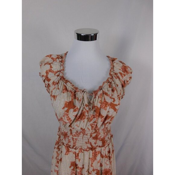 Old Navy Dress Womens Medium Orange Floral Maxi Boho Smocked Waist Cap Sleeve - Picture 2 of 12